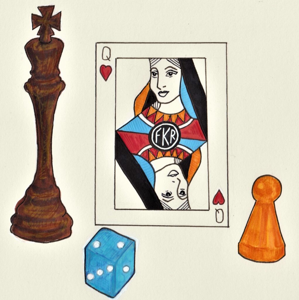 Schachkönig, Herzdame, Würfel, Spielfigur