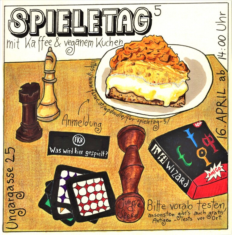 Der Flyer zum fünften Spieletag mit einer Zeichnung von zwei Schachfiguren, dem Wizard-Spiel, Utensilien des Spiels Jungle Speed und einem FKR-Sticker sowie einem Stück Bienenstich-Kuchen.