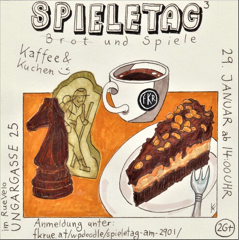 Der Flyer zum Spieletag mit einer Zeichnung von zwei Spielfiguren, einer Kaffeetasse mit dem FKR-Vereinslogo und einem Kuchenstück samt Teller und Gabel.